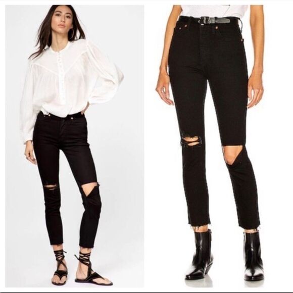 Redone Re/Done Jeans 90s High Rise Ankle Crop Ripped Jet Black with Rips 26” - Picture 1 of 10